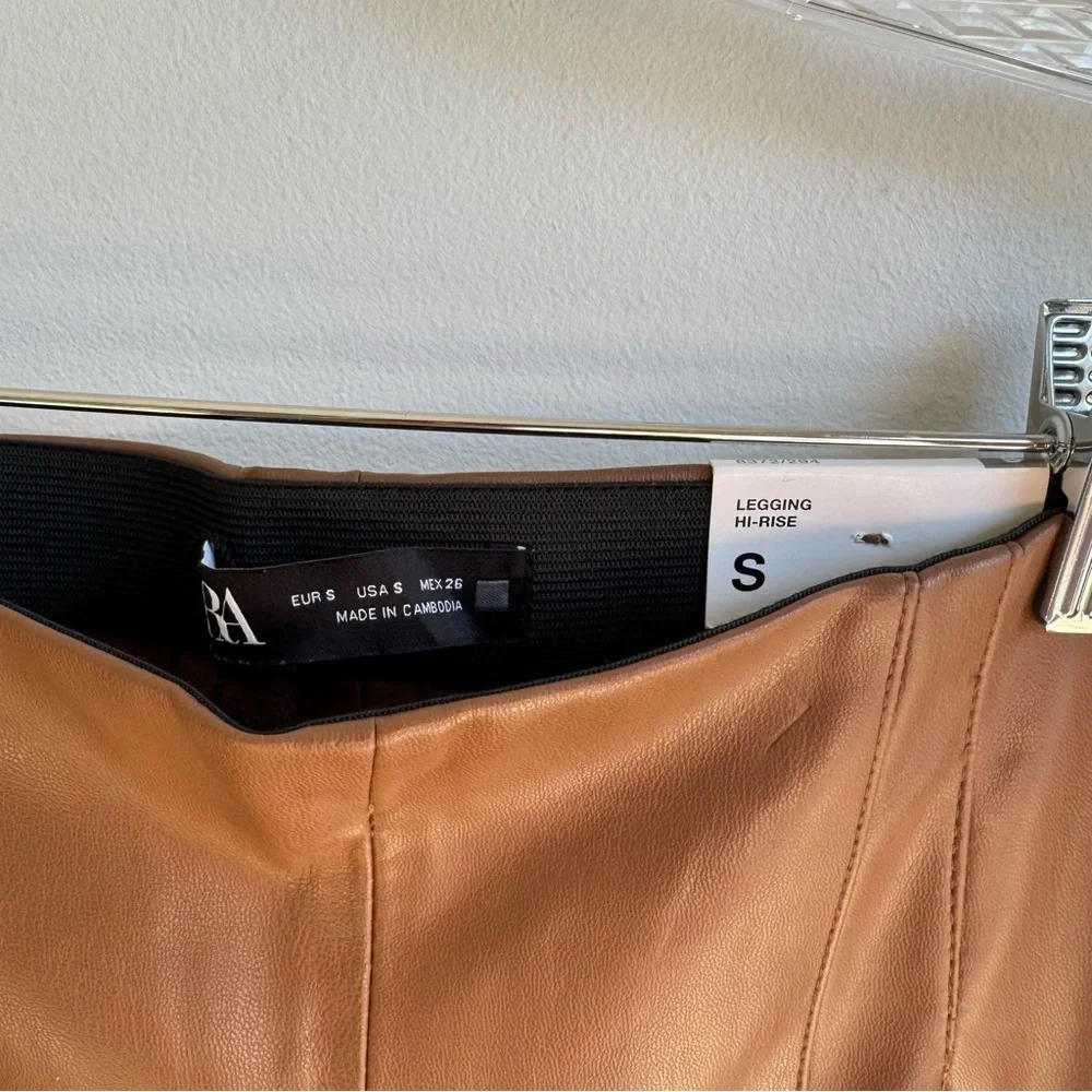 Zara Brown Faux Leather High‎ Rise Leggings w Raw Hem size S - Picture 6 of 15